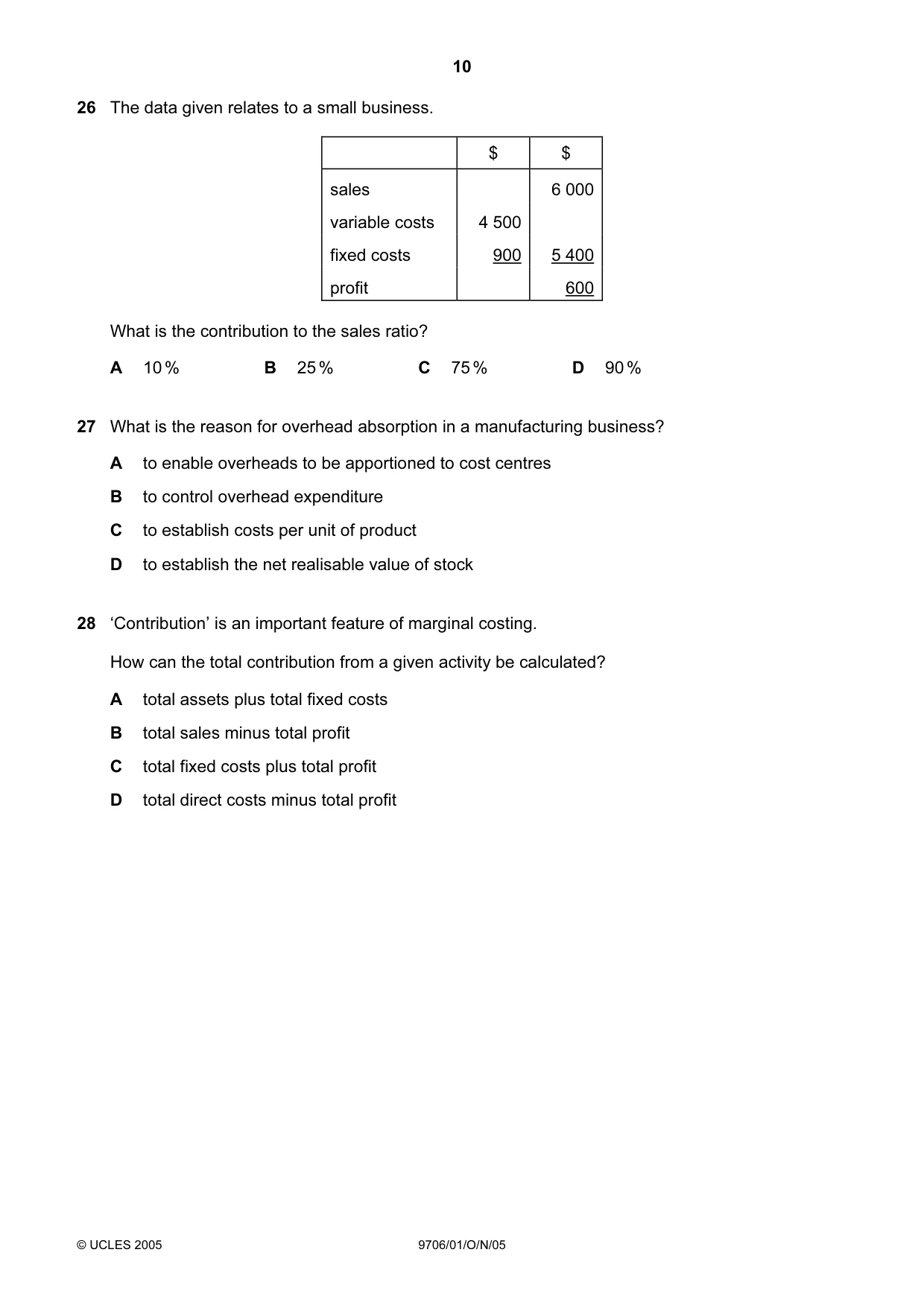 Cambridge A Level Accounting 9706 2005 Oct/Nov Paper 1 · Variant 1 question paper, page 10 of 12