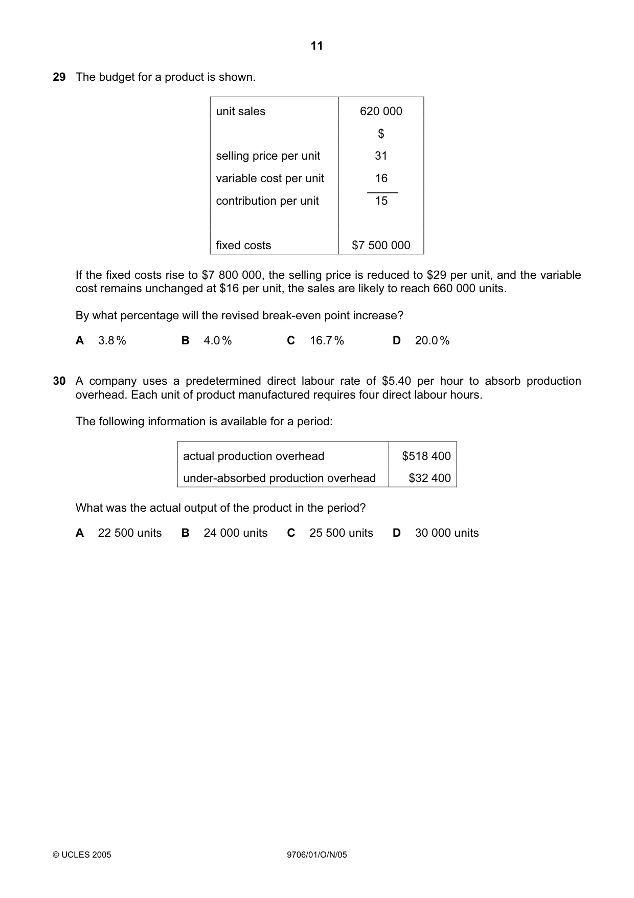 Cambridge A Level Accounting 9706 2005 Oct/Nov Paper 1 · Variant 1 question paper, page 11 of 12