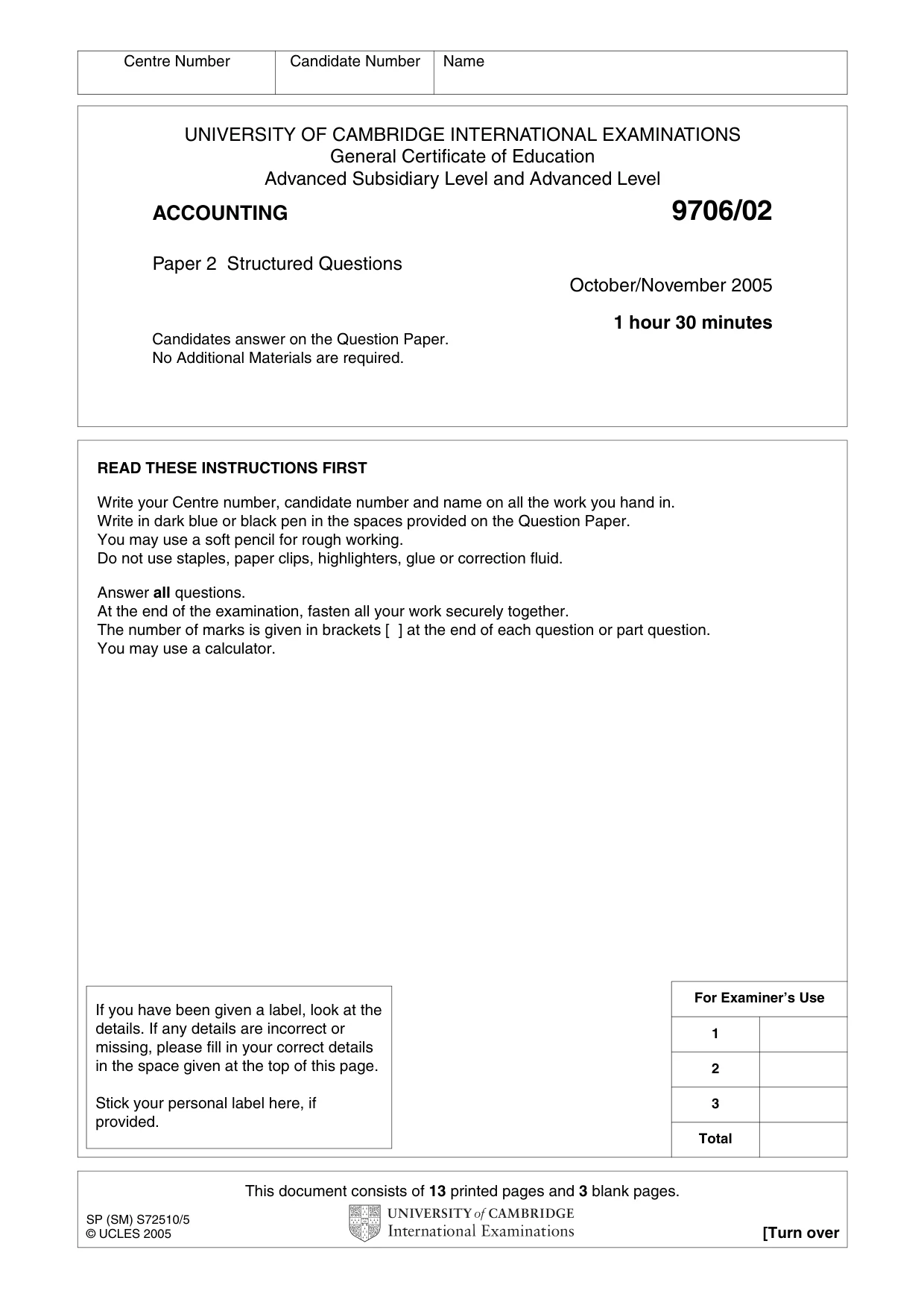 Cambridge A Level Accounting 9706 2005 Oct/Nov Paper 2 · Variant 1 question paper, page 1 of 16