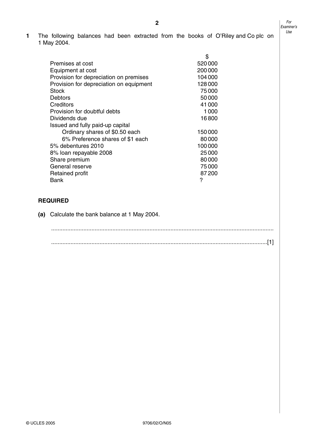 Cambridge A Level Accounting 9706 2005 Oct/Nov Paper 2 · Variant 1 question paper, page 2 of 16