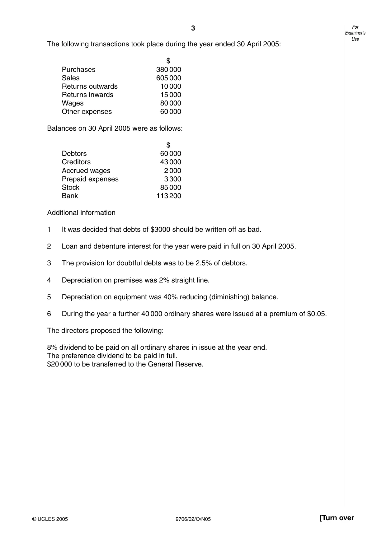 Cambridge A Level Accounting 9706 2005 Oct/Nov Paper 2 · Variant 1 question paper, page 3 of 16