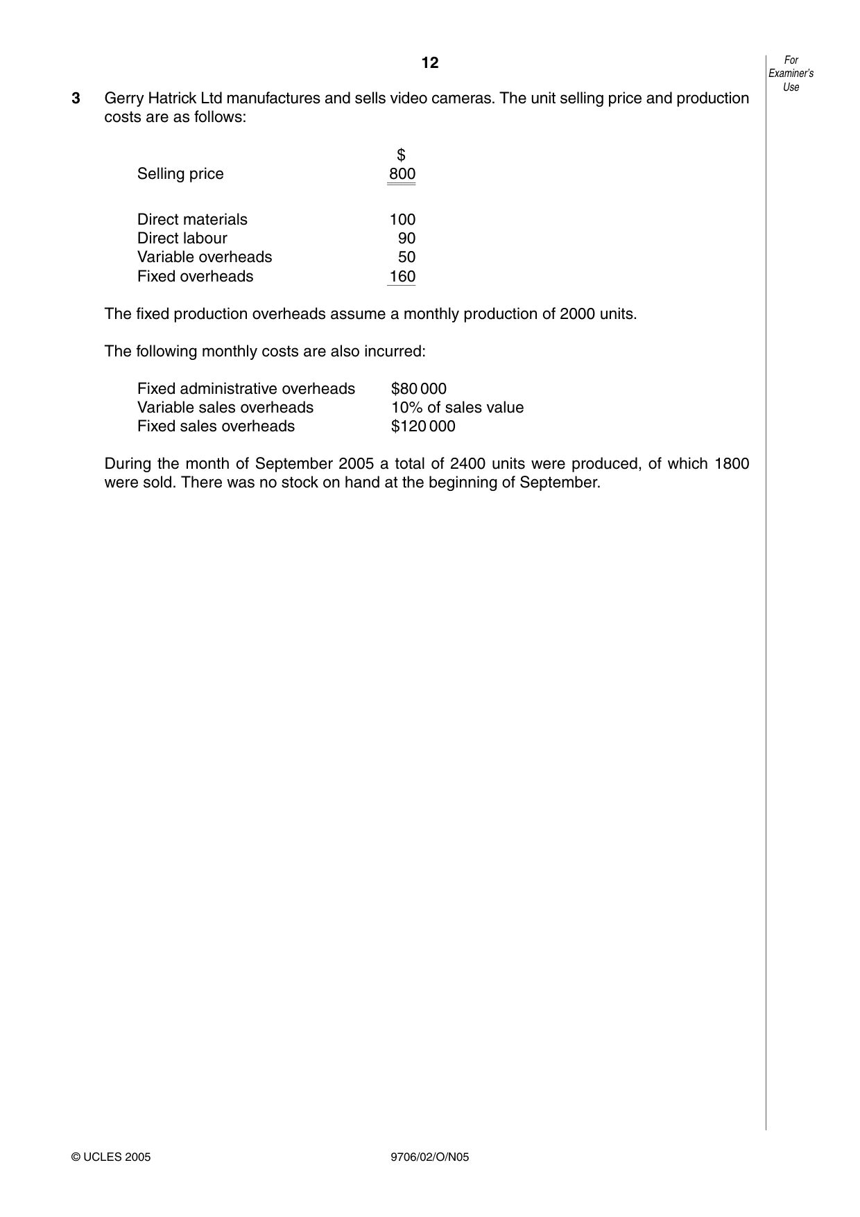 Cambridge A Level Accounting 9706 2005 Oct/Nov Paper 2 · Variant 1 question paper, page 12 of 16