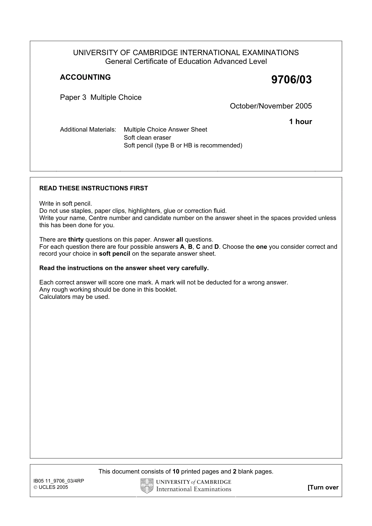 Cambridge A Level Accounting 9706 2005 Oct/Nov Paper 3 · Variant 1 question paper, page 1 of 12