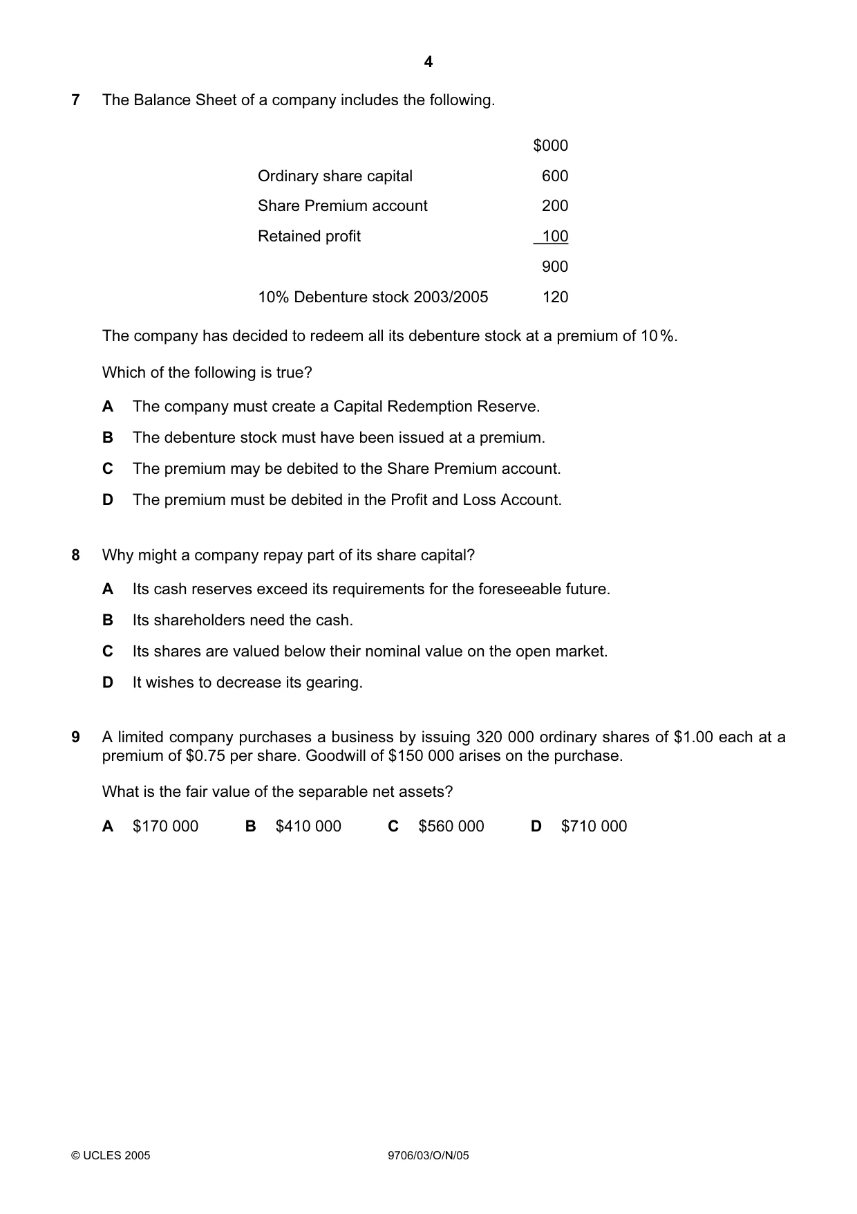 Cambridge A Level Accounting 9706 2005 Oct/Nov Paper 3 · Variant 1 question paper, page 4 of 12