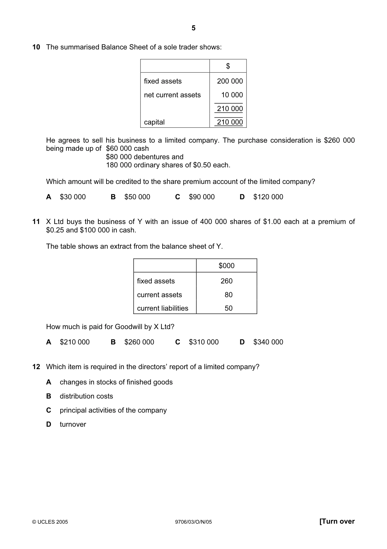 Cambridge A Level Accounting 9706 2005 Oct/Nov Paper 3 · Variant 1 question paper, page 5 of 12