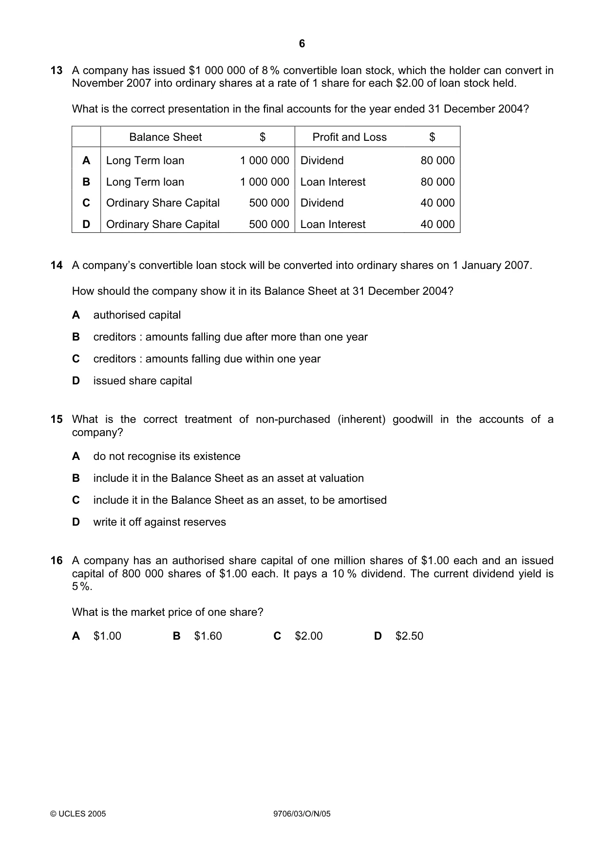 Cambridge A Level Accounting 9706 2005 Oct/Nov Paper 3 · Variant 1 question paper, page 6 of 12