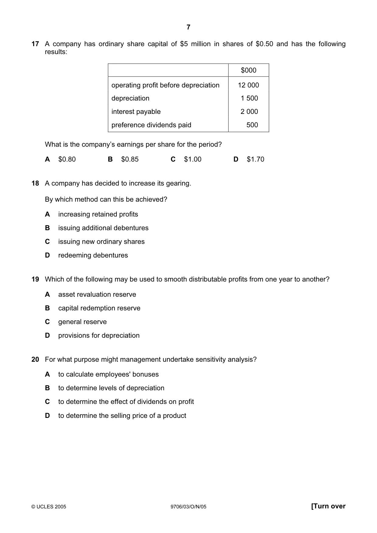 Cambridge A Level Accounting 9706 2005 Oct/Nov Paper 3 · Variant 1 question paper, page 7 of 12