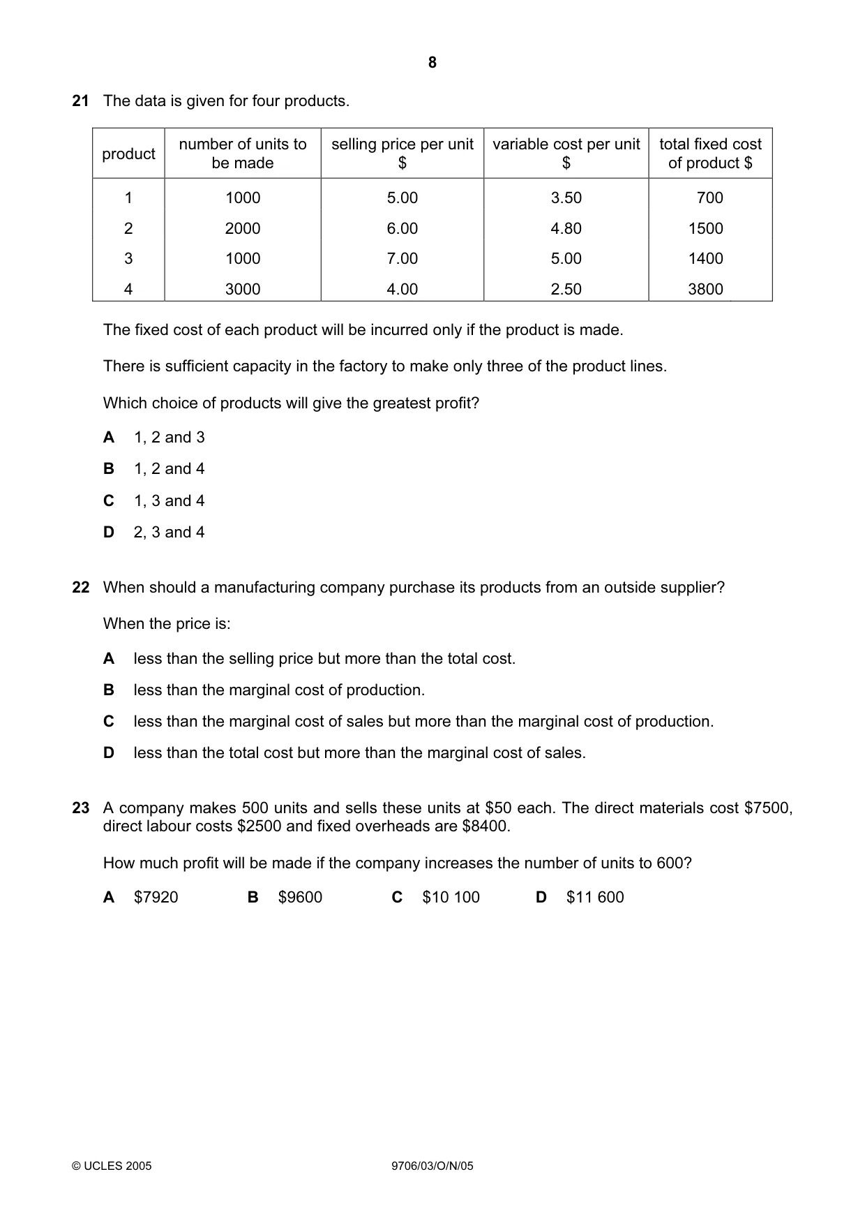 Cambridge A Level Accounting 9706 2005 Oct/Nov Paper 3 · Variant 1 question paper, page 8 of 12
