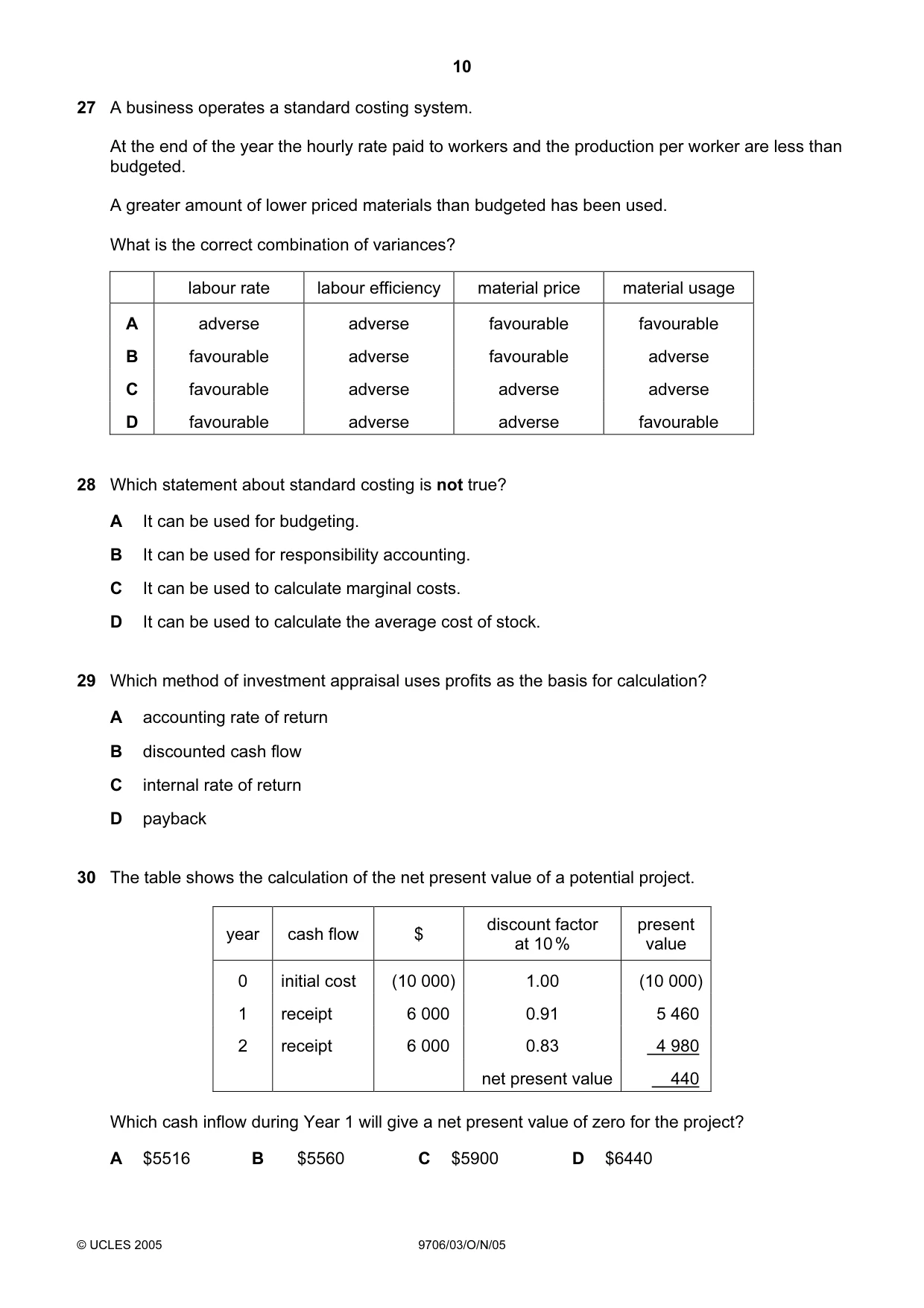Cambridge A Level Accounting 9706 2005 Oct/Nov Paper 3 · Variant 1 question paper, page 10 of 12