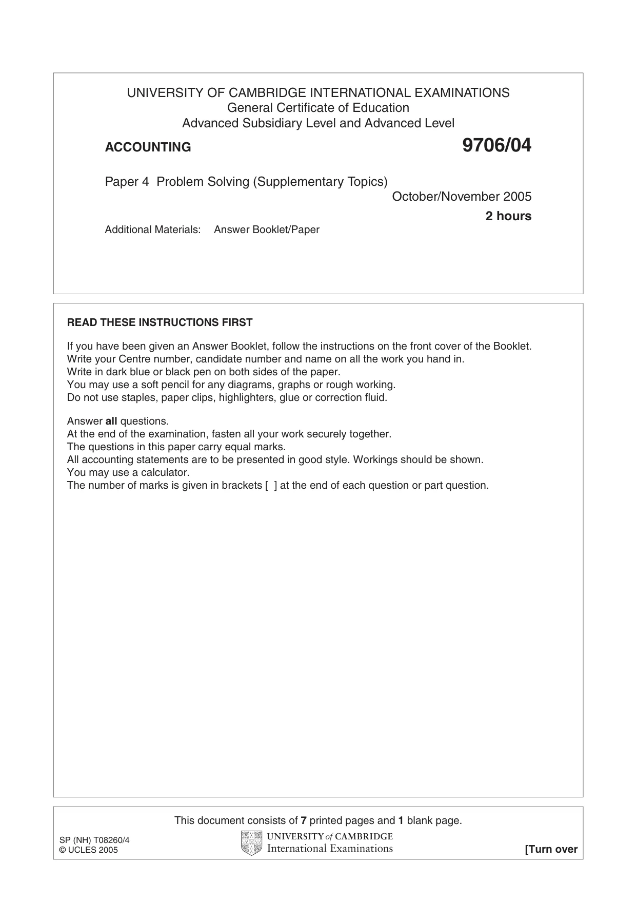 Cambridge A Level Accounting 9706 2005 Oct/Nov Paper 4 · Variant 1 question paper, page 1 of 8