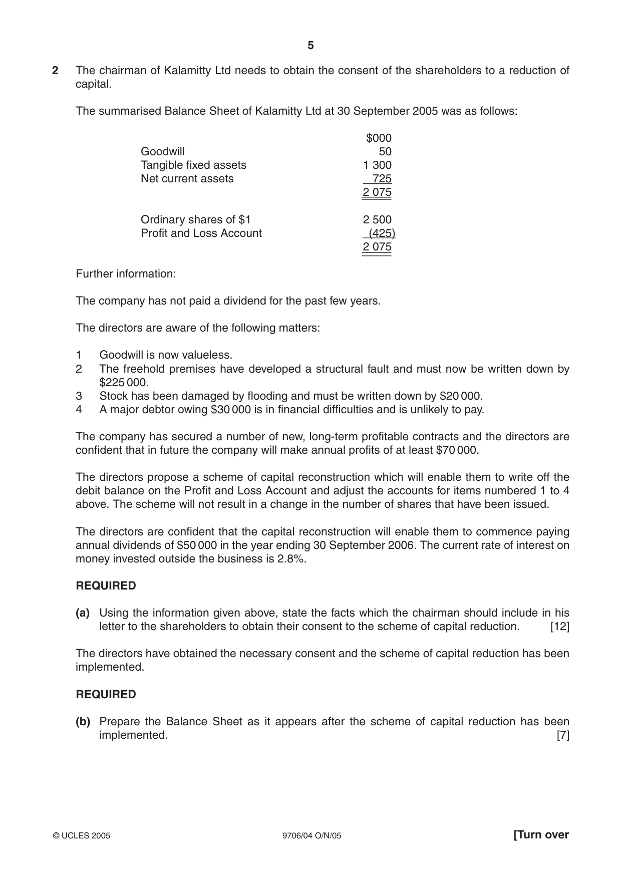 Cambridge A Level Accounting 9706 2005 Oct/Nov Paper 4 · Variant 1 question paper, page 5 of 8