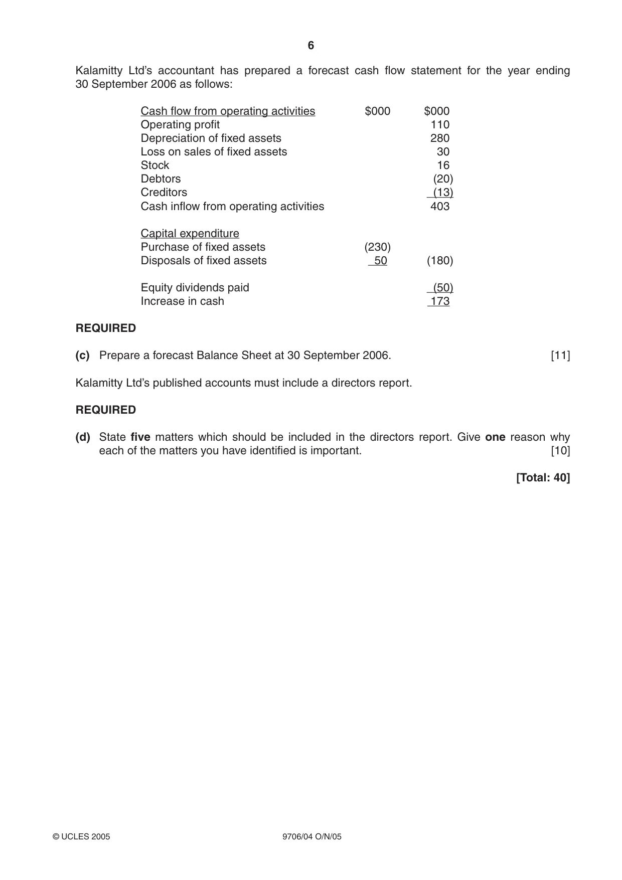 Cambridge A Level Accounting 9706 2005 Oct/Nov Paper 4 · Variant 1 question paper, page 6 of 8