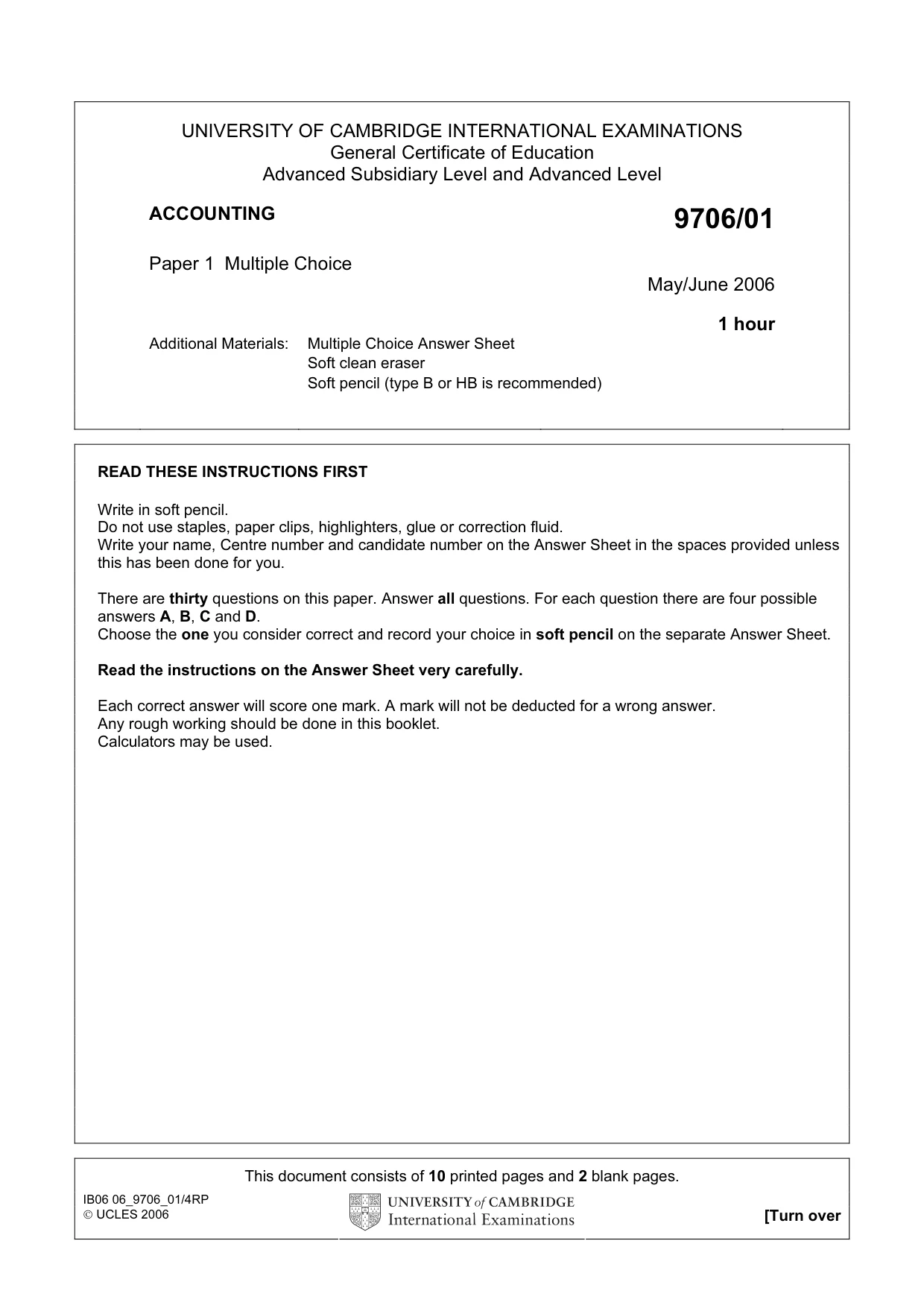 Cambridge A Level Accounting 9706 2006 May/June Paper 1 · Variant 1 question paper, page 1 of 12
