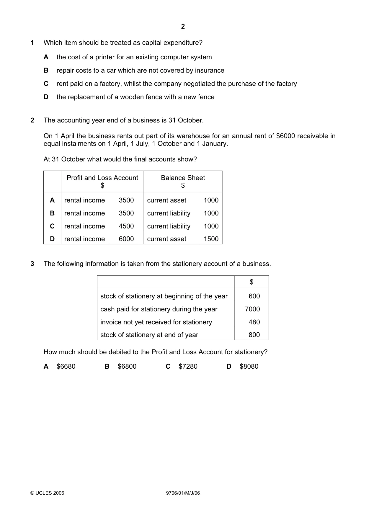 Cambridge A Level Accounting 9706 2006 May/June Paper 1 · Variant 1 question paper, page 2 of 12