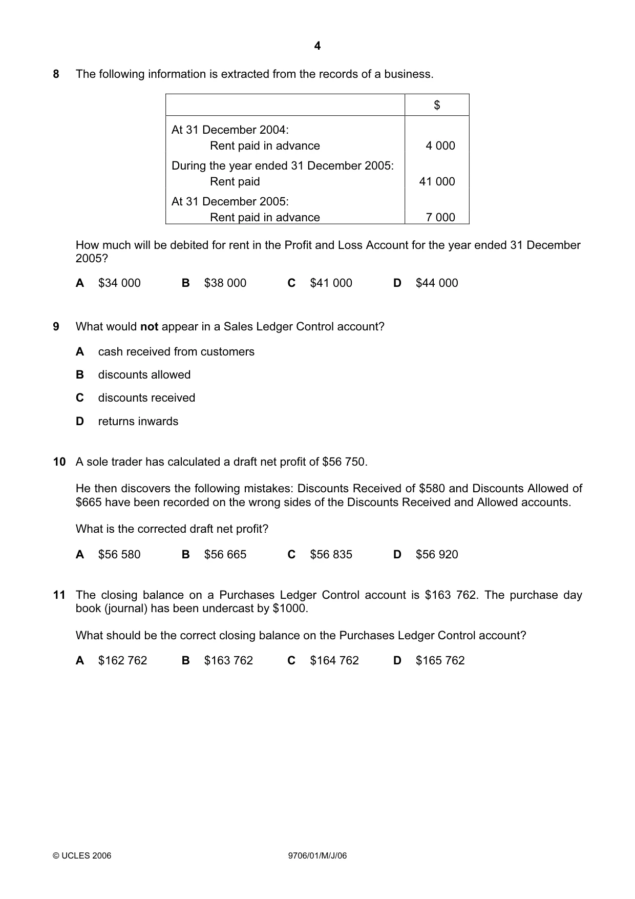 Cambridge A Level Accounting 9706 2006 May/June Paper 1 · Variant 1 question paper, page 4 of 12