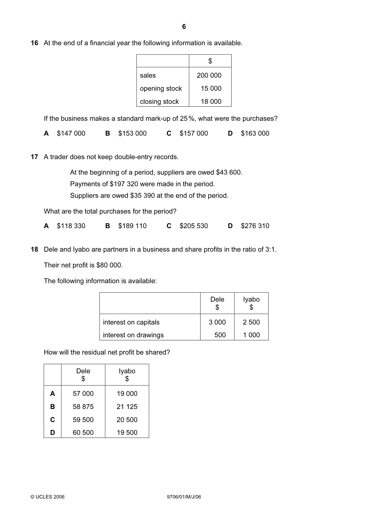 Cambridge A Level Accounting 9706 2006 May/June Paper 1 · Variant 1 question paper, page 6 of 12