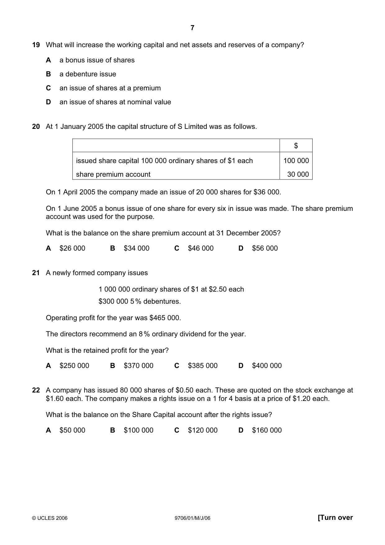Cambridge A Level Accounting 9706 2006 May/June Paper 1 · Variant 1 question paper, page 7 of 12