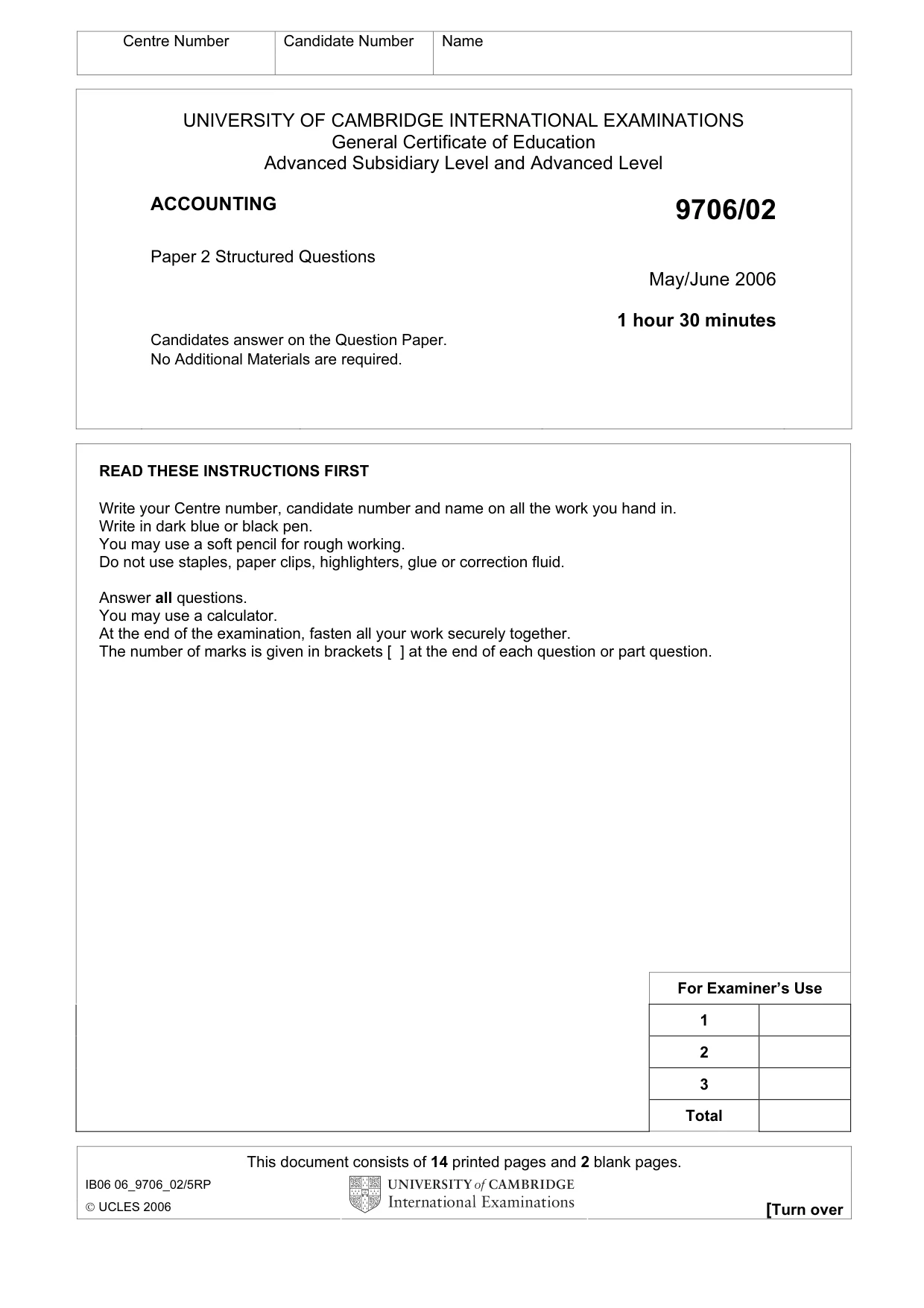 Cambridge A Level Accounting 9706 2006 May/June Paper 2 · Variant 1 question paper, page 1 of 16