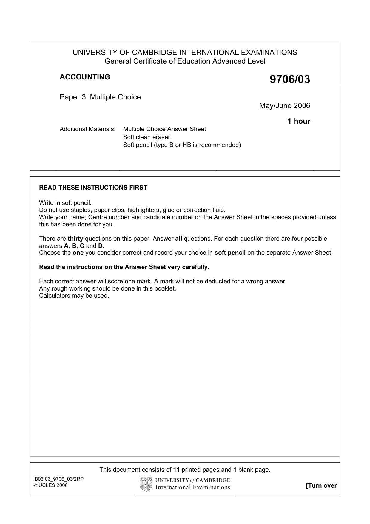 Cambridge A Level Accounting 9706 2006 May/June Paper 3 · Variant 1 question paper, page 1 of 12