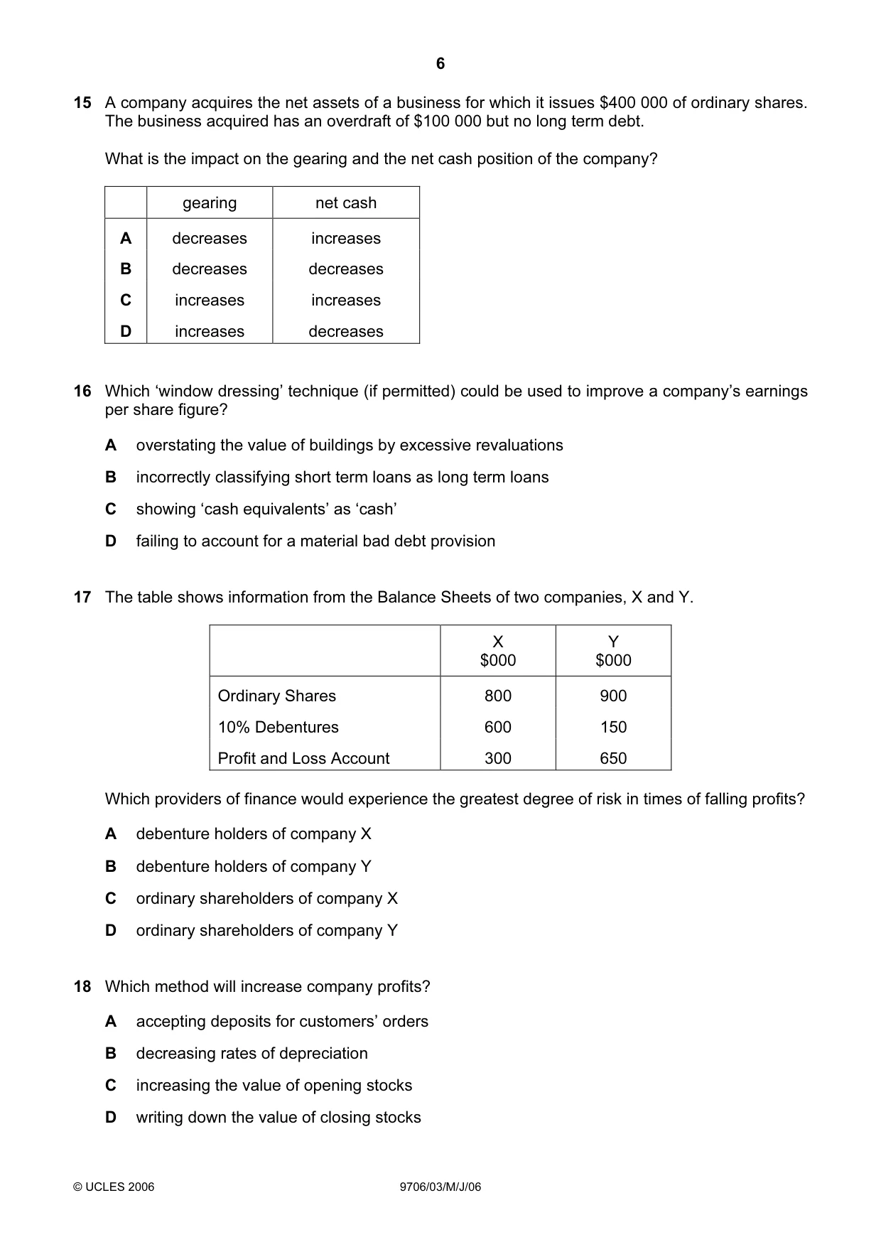 Cambridge A Level Accounting 9706 2006 May/June Paper 3 · Variant 1 question paper, page 6 of 12