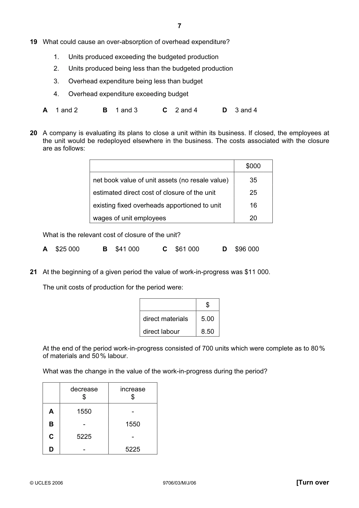 Cambridge A Level Accounting 9706 2006 May/June Paper 3 · Variant 1 question paper, page 7 of 12