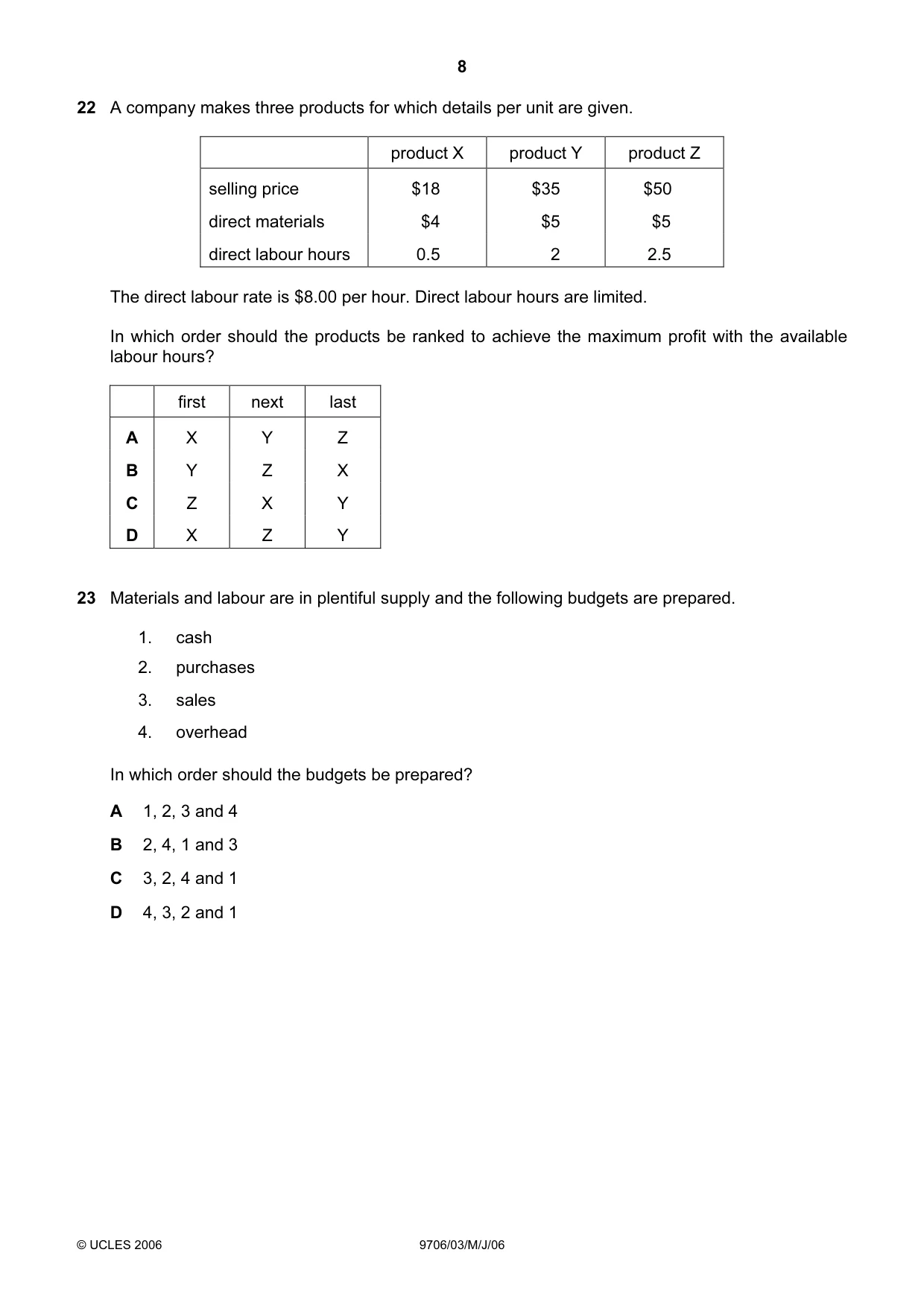 Cambridge A Level Accounting 9706 2006 May/June Paper 3 · Variant 1 question paper, page 8 of 12