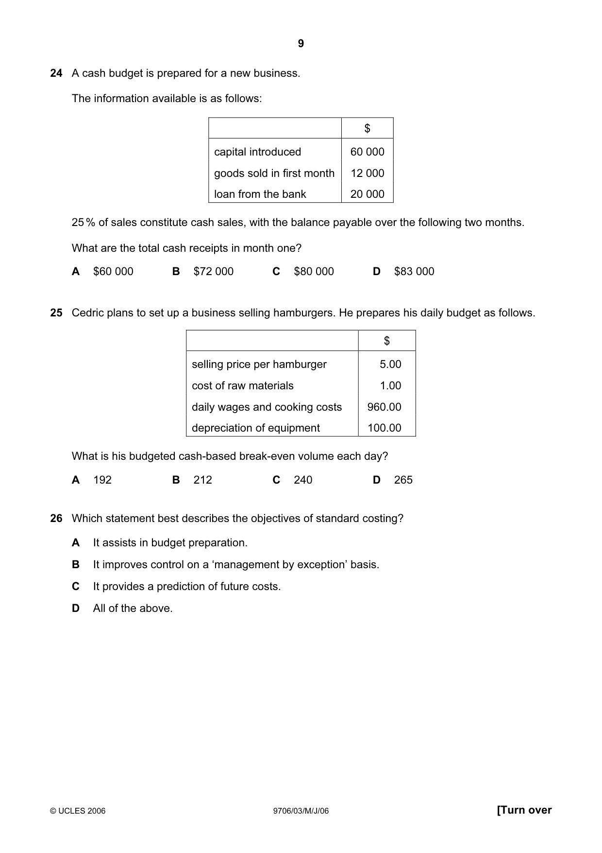 Cambridge A Level Accounting 9706 2006 May/June Paper 3 · Variant 1 question paper, page 9 of 12