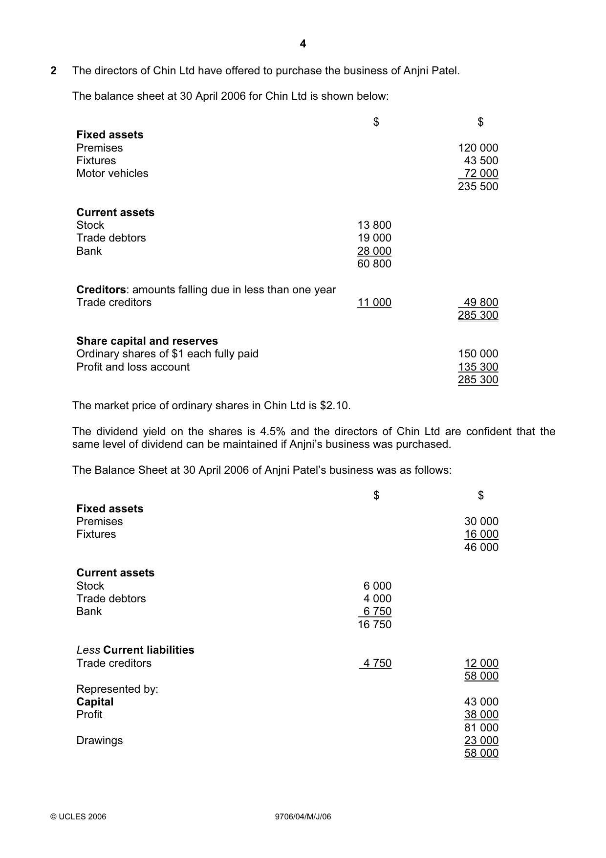 Cambridge A Level Accounting 9706 2006 May/June Paper 4 · Variant 1 question paper, page 4 of 8