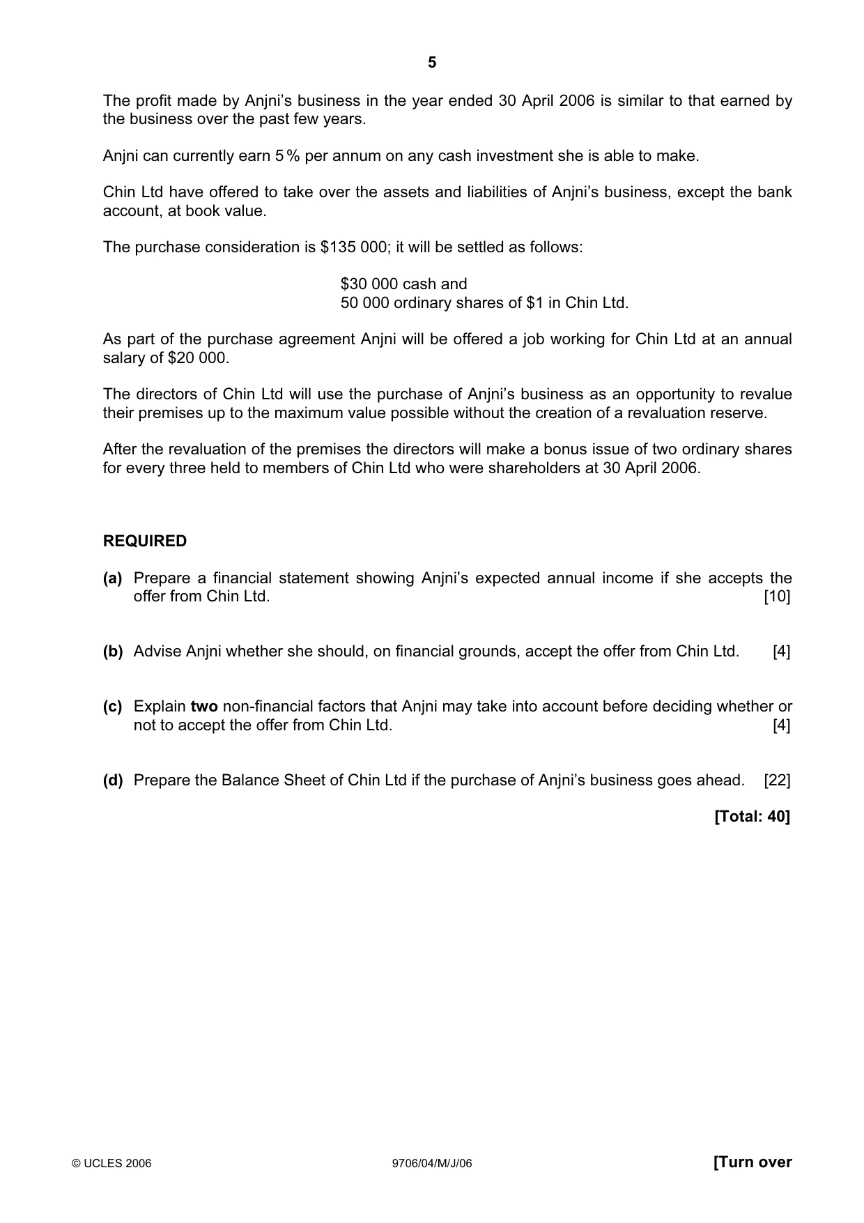 Cambridge A Level Accounting 9706 2006 May/June Paper 4 · Variant 1 question paper, page 5 of 8