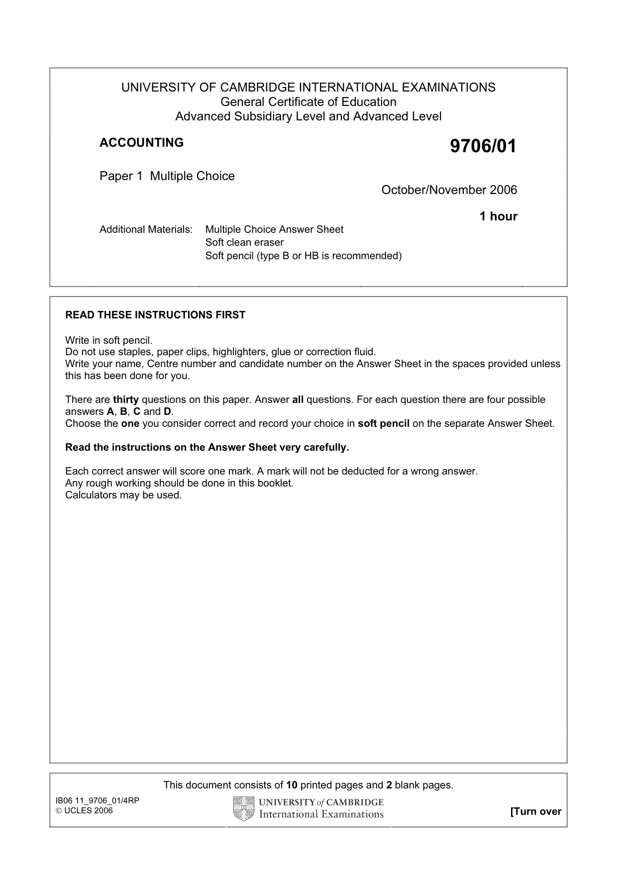Cambridge A Level Accounting 9706 2006 Oct/Nov Paper 1 · Variant 1 question paper, page 1 of 12