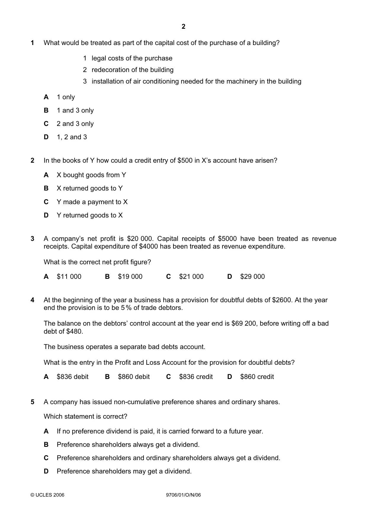Cambridge A Level Accounting 9706 2006 Oct/Nov Paper 1 · Variant 1 question paper, page 2 of 12