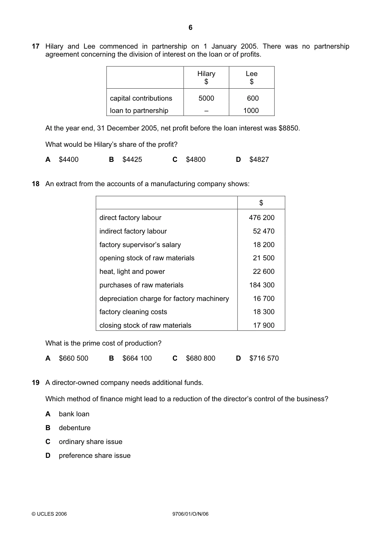 Cambridge A Level Accounting 9706 2006 Oct/Nov Paper 1 · Variant 1 question paper, page 6 of 12