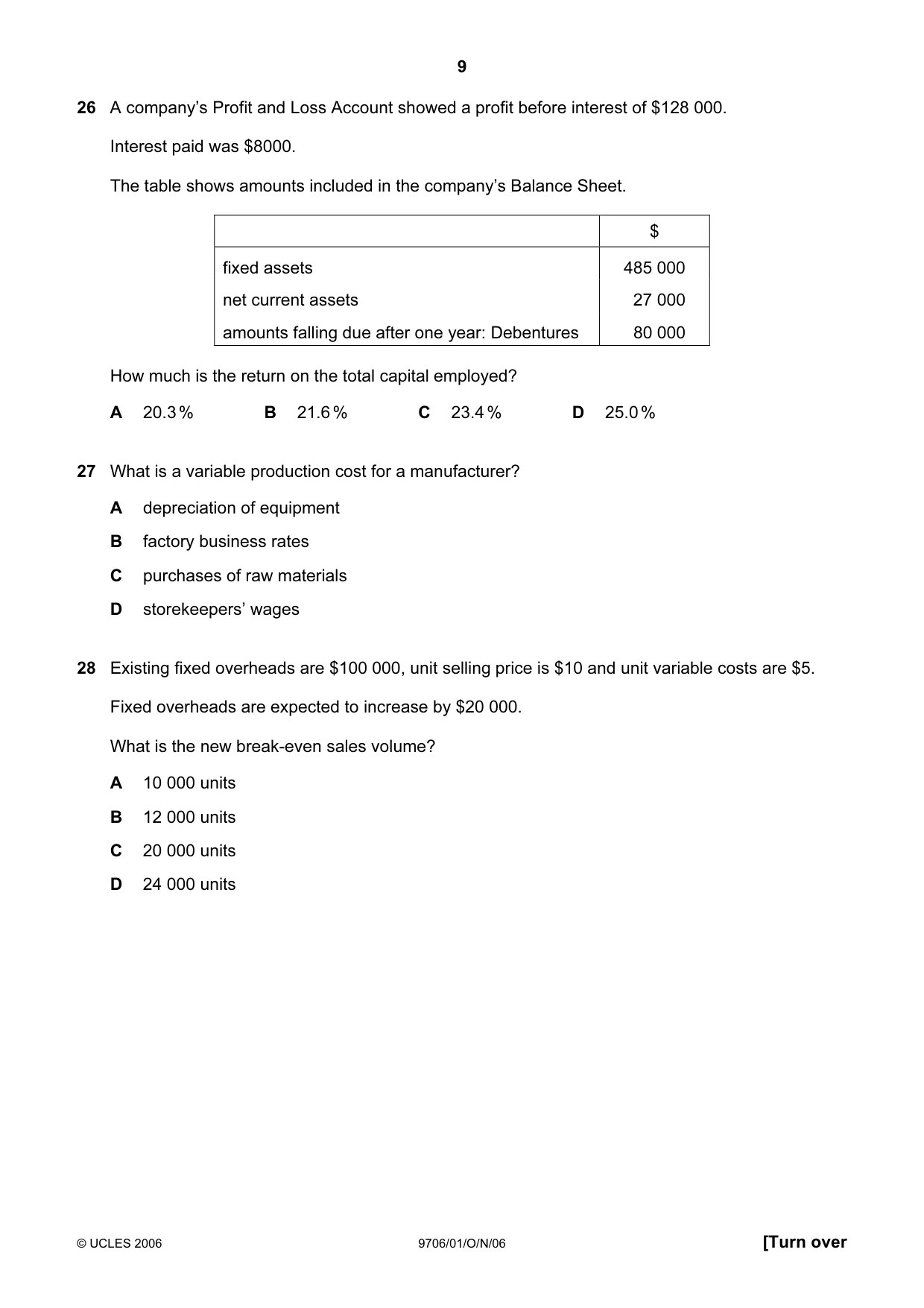 Cambridge A Level Accounting 9706 2006 Oct/Nov Paper 1 · Variant 1 question paper, page 9 of 12