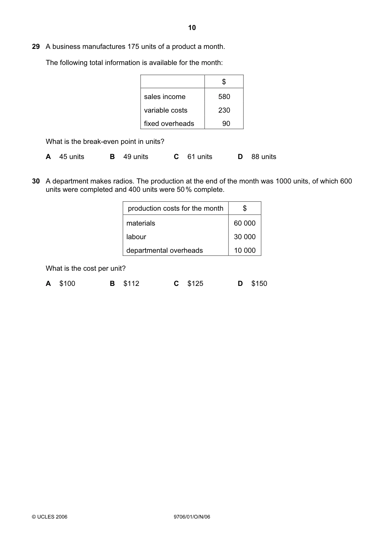 Cambridge A Level Accounting 9706 2006 Oct/Nov Paper 1 · Variant 1 question paper, page 10 of 12