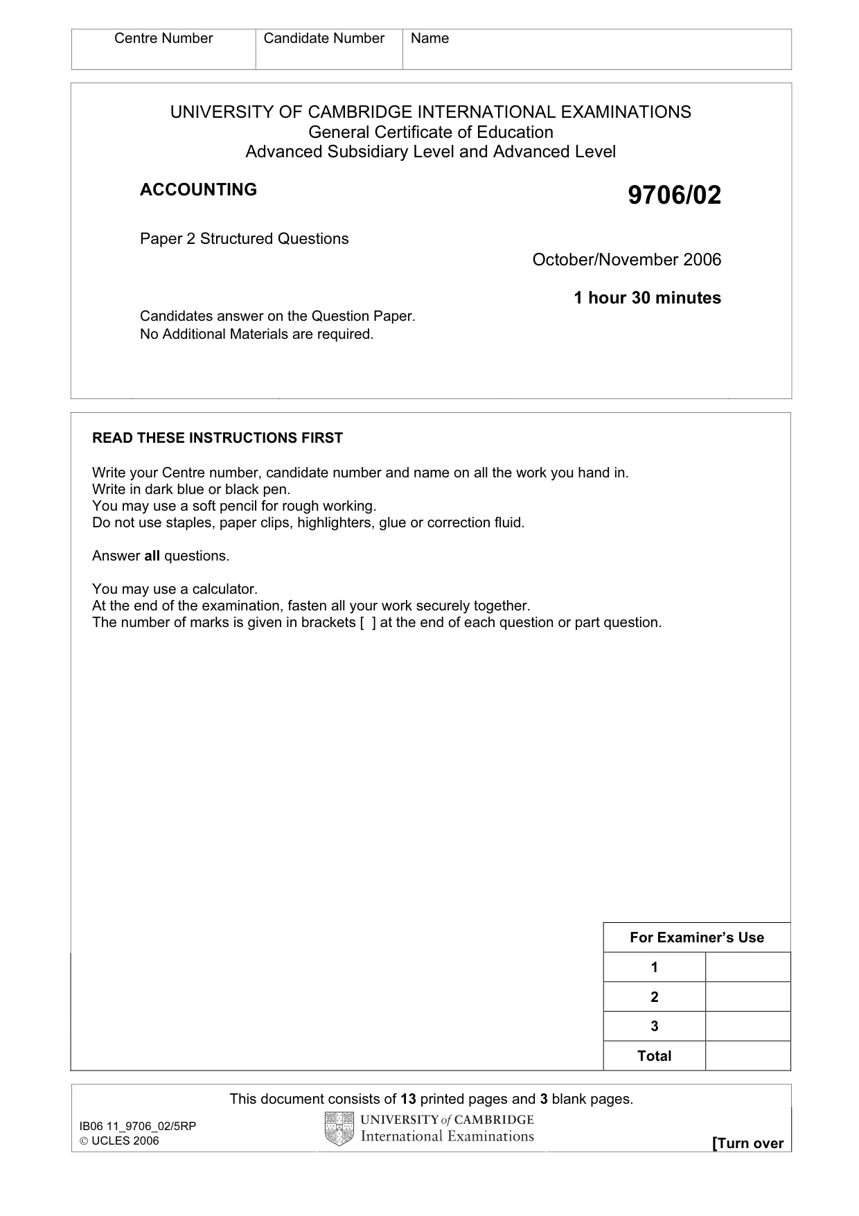Cambridge A Level Accounting 9706 2006 Oct/Nov Paper 2 · Variant 1 question paper, page 1 of 16