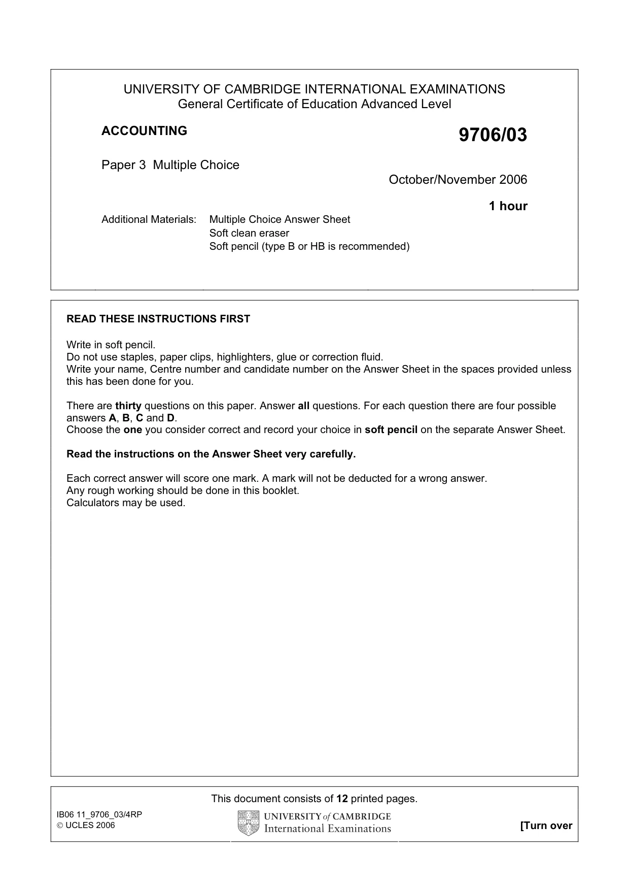 Cambridge A Level Accounting 9706 2006 Oct/Nov Paper 3 · Variant 1 question paper, page 1 of 12