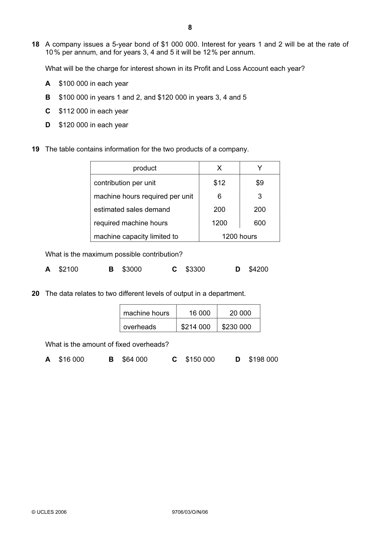 Cambridge A Level Accounting 9706 2006 Oct/Nov Paper 3 · Variant 1 question paper, page 8 of 12