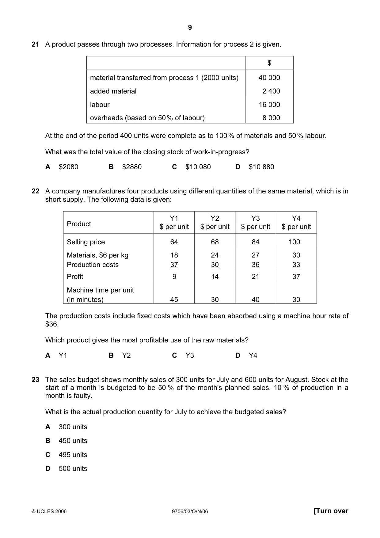 Cambridge A Level Accounting 9706 2006 Oct/Nov Paper 3 · Variant 1 question paper, page 9 of 12