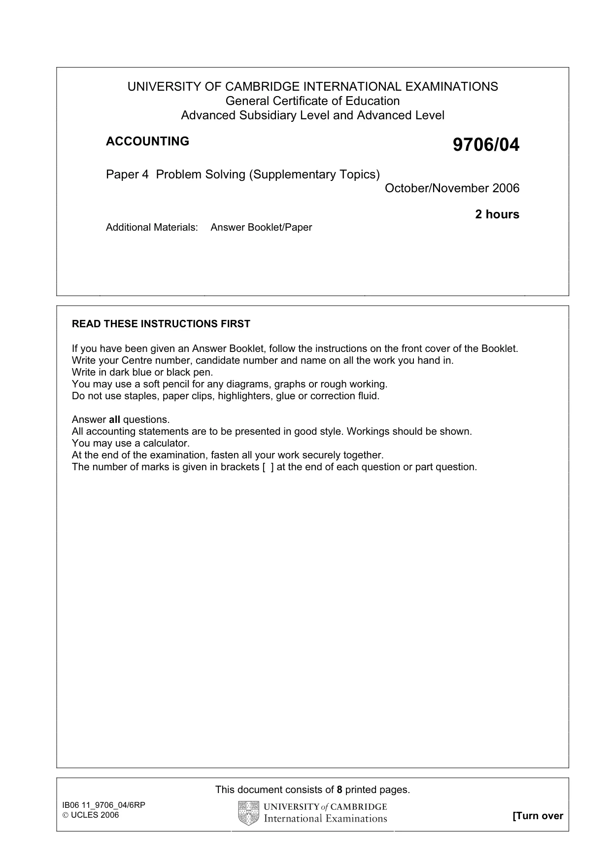 Cambridge A Level Accounting 9706 2006 Oct/Nov Paper 4 · Variant 1 question paper, page 1 of 8
