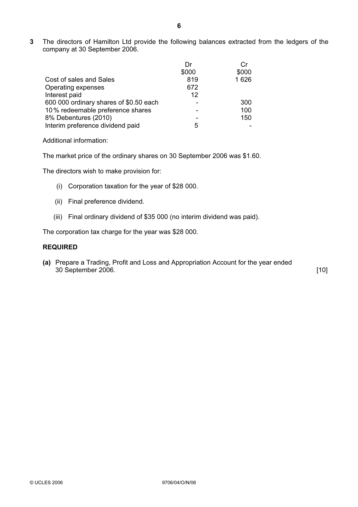 Cambridge A Level Accounting 9706 2006 Oct/Nov Paper 4 · Variant 1 question paper, page 6 of 8