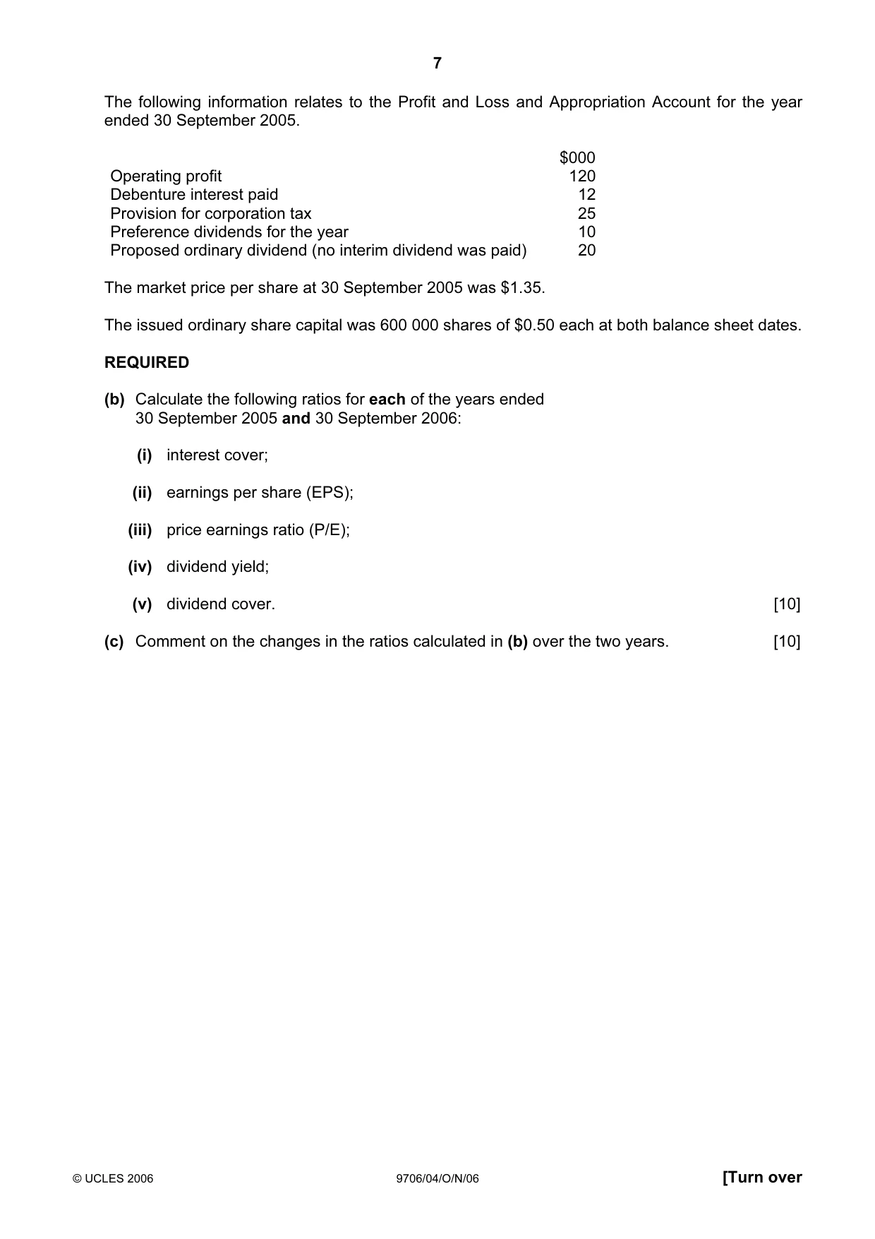 Cambridge A Level Accounting 9706 2006 Oct/Nov Paper 4 · Variant 1 question paper, page 7 of 8