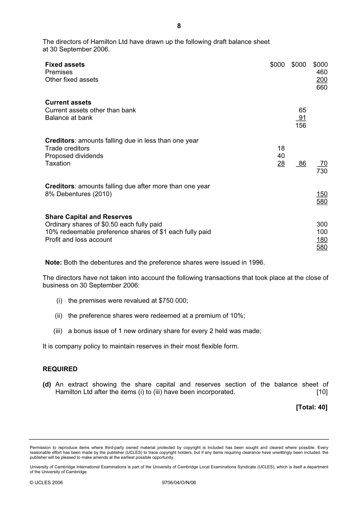 Cambridge A Level Accounting 9706 2006 Oct/Nov Paper 4 · Variant 1 question paper, page 8 of 8