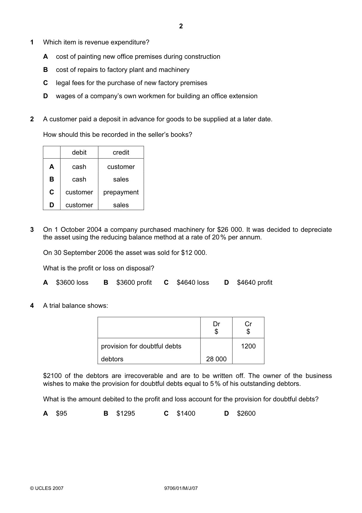 Cambridge A Level Accounting 9706 2007 May/June Paper 1 · Variant 1 question paper, page 2 of 12