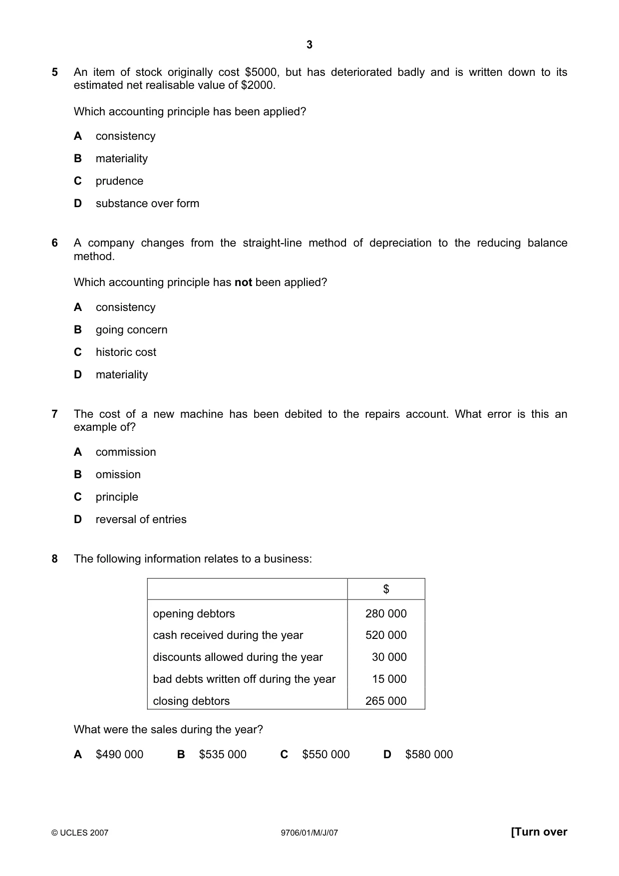 Cambridge A Level Accounting 9706 2007 May/June Paper 1 · Variant 1 question paper, page 3 of 12