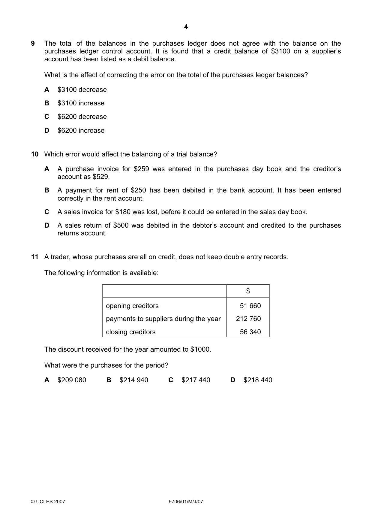 Cambridge A Level Accounting 9706 2007 May/June Paper 1 · Variant 1 question paper, page 4 of 12