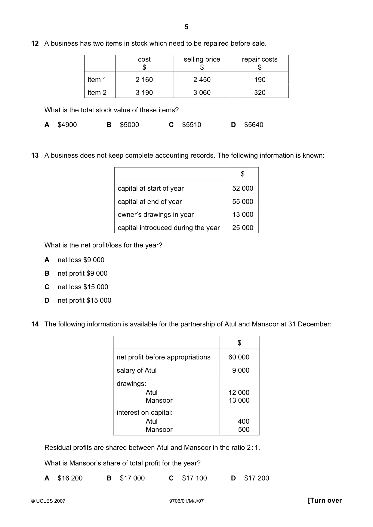 Cambridge A Level Accounting 9706 2007 May/June Paper 1 · Variant 1 question paper, page 5 of 12