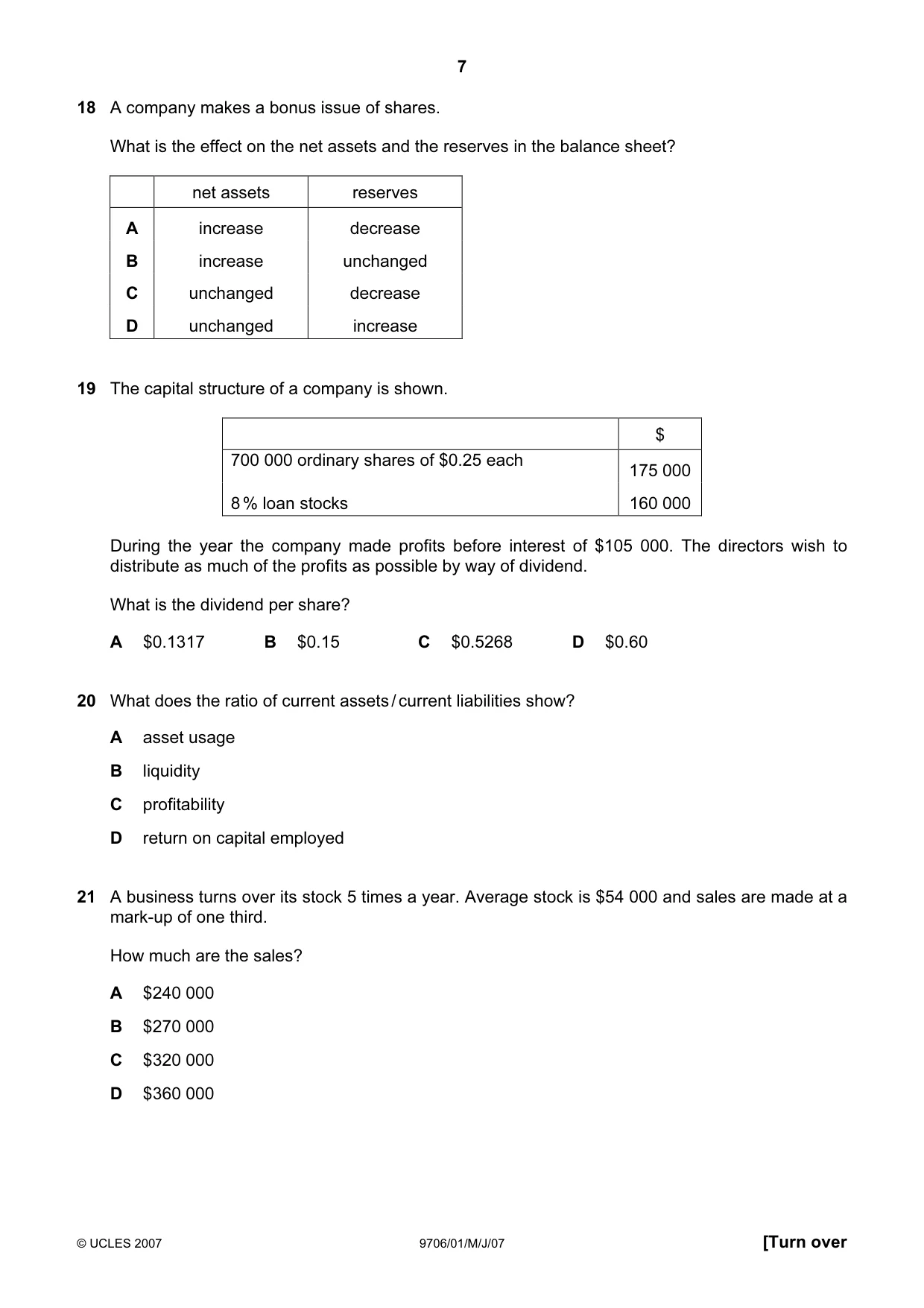 Cambridge A Level Accounting 9706 2007 May/June Paper 1 · Variant 1 question paper, page 7 of 12