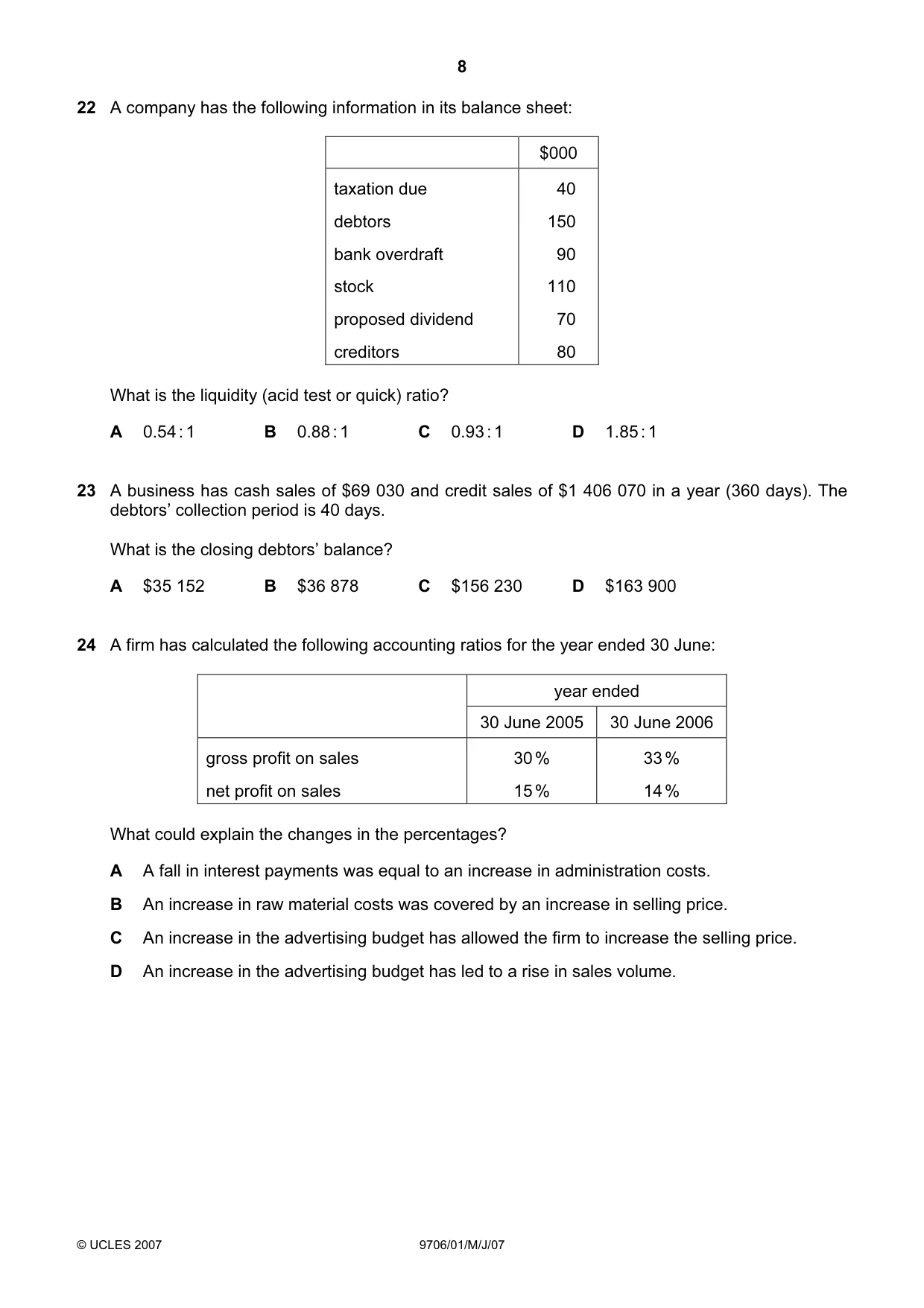 Cambridge A Level Accounting 9706 2007 May/June Paper 1 · Variant 1 question paper, page 8 of 12