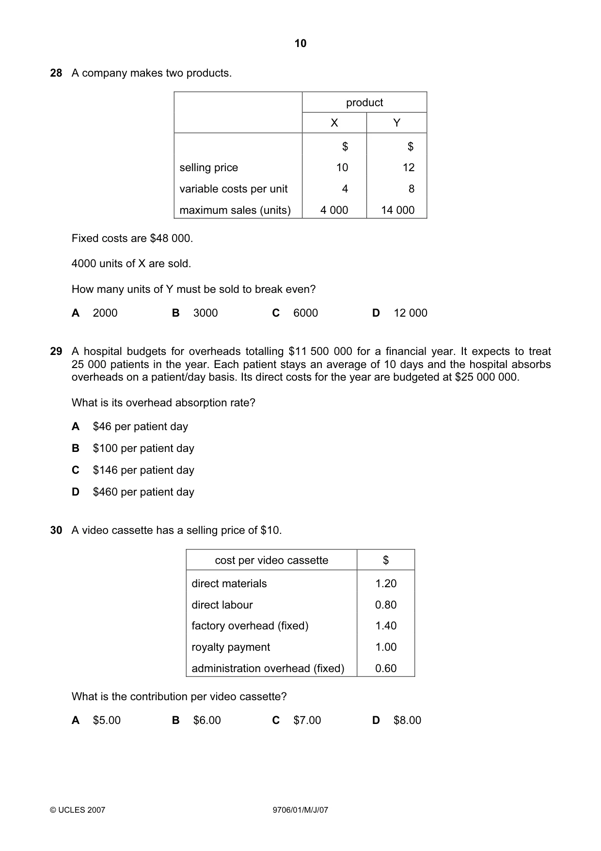 Cambridge A Level Accounting 9706 2007 May/June Paper 1 · Variant 1 question paper, page 10 of 12