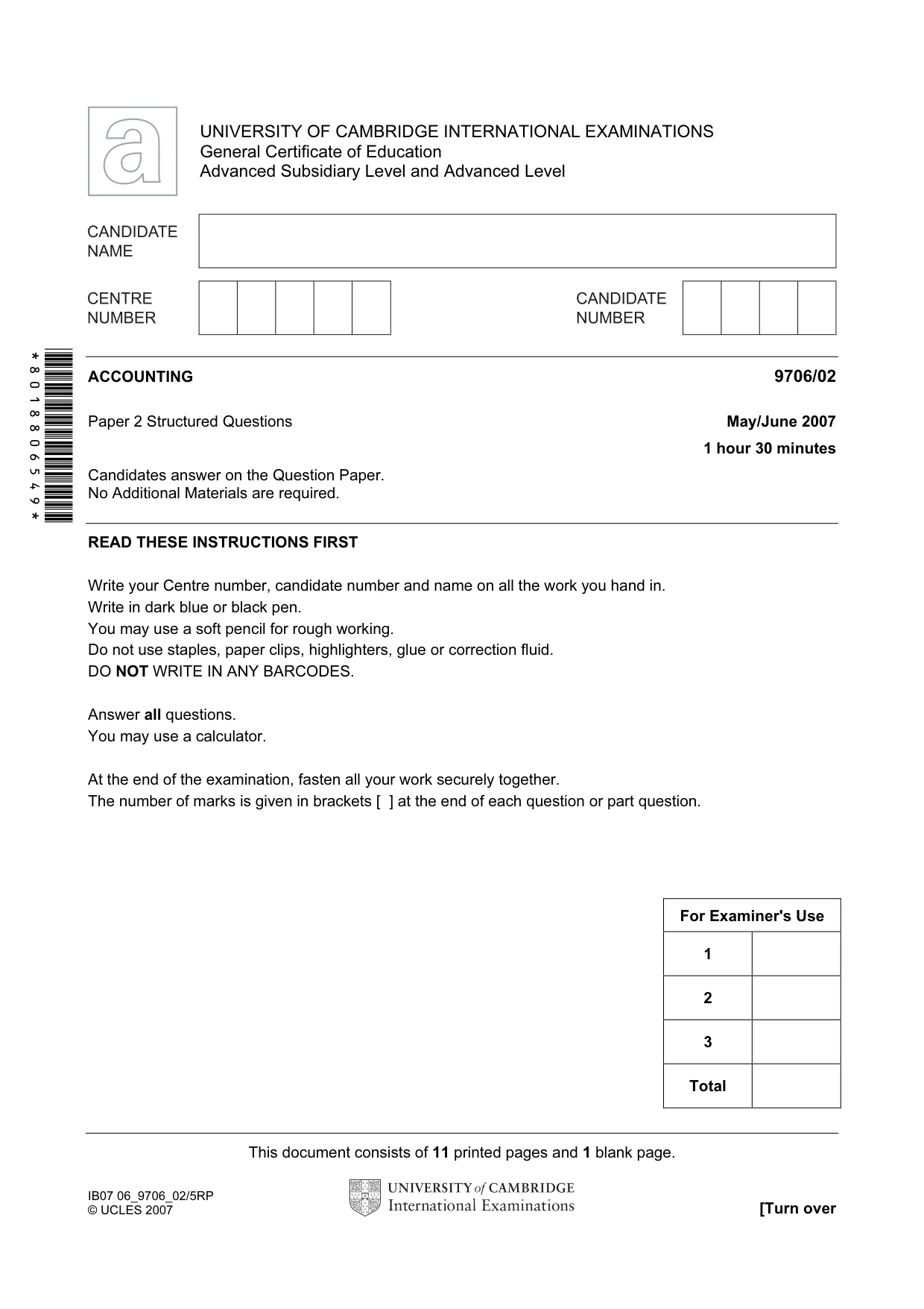 Cambridge A Level Accounting 9706 2007 May/June Paper 2 · Variant 1 question paper, page 1 of 12
